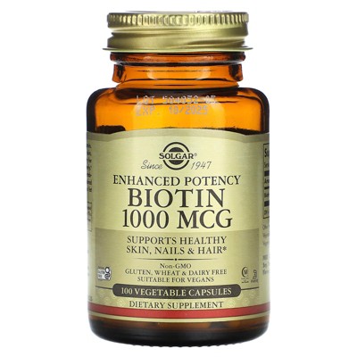 Solgar Biotin 1000 mcg - 100 Vegetable Capsules - Supports Healthy Skin, Nails & Hair - Non-GMO, Vegan, Gluten Free, Dairy Free, Kosher, Halal - 100