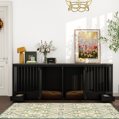 Famapy Large Black Dog Cage Dog Crate: Double Room Design,Metal Frame,Elevated Base & External Feeding Drawer