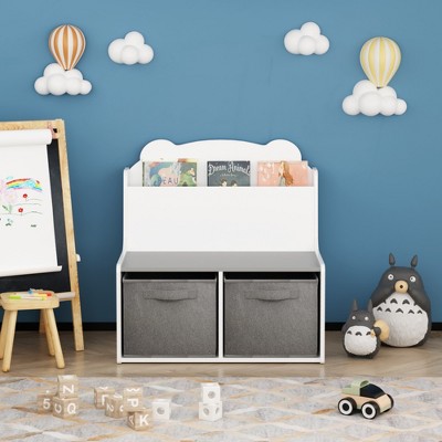 TopComfy Decorative Storage Cabinets Kids Bookshelf with Storage Bins and Bear Backboard for Playroom, White, 23.62"*16.54"*24.21"