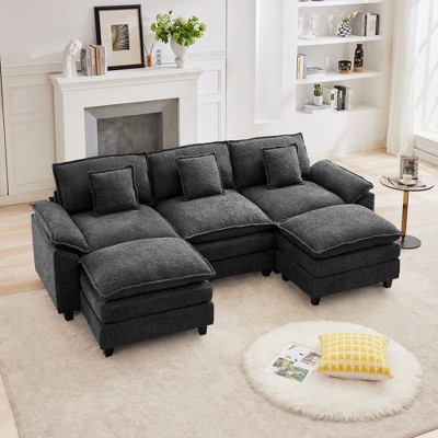 HYLEORY Chenille Fabric Pillow Top Arm U-Shaped Sectional Sofa , Indoor Convertible Modular Sectional Sofa Set with 2 Ottomans for Living Room