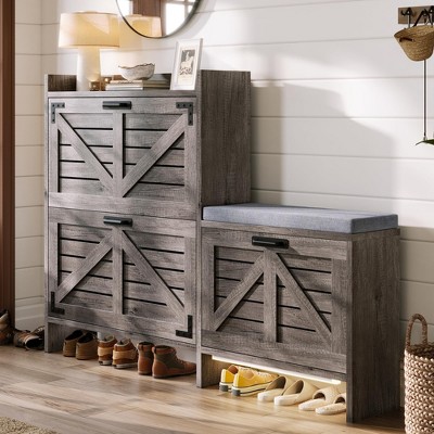AMERLIFE Shoe Cabinet with Bench & Motion Sensor Lights, 3 Flip Drawers for 24 Pairs