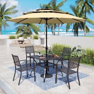 Captiva Designs 6pc Patio Square Table with Steel Frame & Stackable Fixed Chairs & 10ft 3 Tier Auto-tilt Umbrella