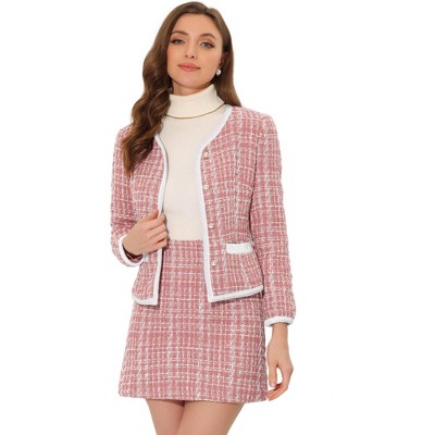 INSPIRE CHIC Women's Outfits Plaid Tweed Short Blazer and Skirt Suit Set 2 Pieces
