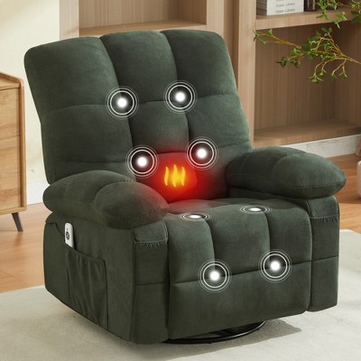 Massage Swivel Recliner Chair w/ Vibration Massage & Lumbar Heating, 350LBS Oversized Rocker Recliner Single Sofa with Side Pocket & USB Charge Port