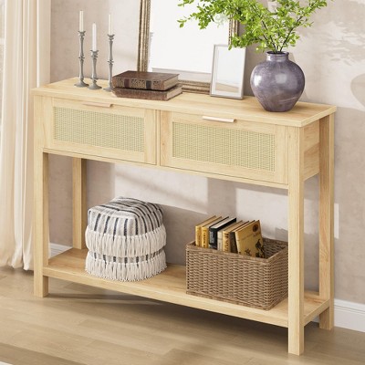 TROPOW 43 Inch Rattan Console Table, Entryway Table with 2 Drawers Storage Shelf Woven Design, Farmhouse Sofa Table TV Stand
