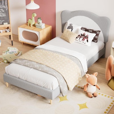 GAOMON Upholstered Bed Frame for Kids - with Adjustable Chic Scallop Headboard, Cute Velvet Princess Platform Bed for Girls/Kids
