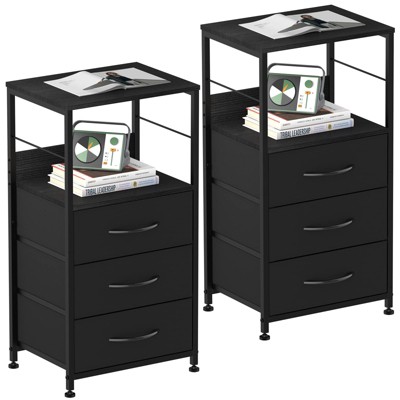Oumilen Nightstand for Bedroom End Side Table with 3 Drawers and Open Shelf Wood, Black Set of 2