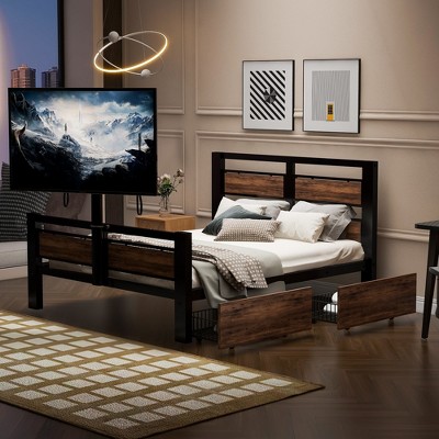 Twin Size Metal Platform Bed with Two Storage Drawers and Rotatable TV Stand