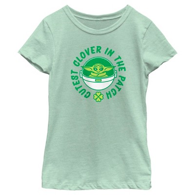 Girl's Star Wars: The Mandalorian St. Patrick's Day Grogu Cutest Clover in the Patch T-Shirt