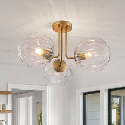 LLHZSY 20" Glass Semi Flush Mount Ceiling Light Gold - Modern 3-Light Fixture Decor