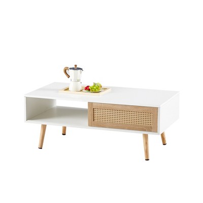 Airsurfer Modern PE Rattan Coffee Table with Sliding Door Storage, Solid Wood Legs, Stylish Table for Living Room