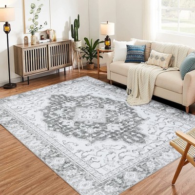 9x12 Gray Vintage Floral Rug, Washable Non-Slip Carpet, Soft Non-Shedding for Living Room, Bedroom, Dining Room
