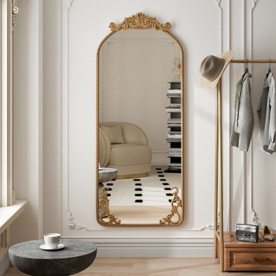 58inx24inArched Full Body Mirror with Vintage Ornate Carved Applique on Top and Bottom,for Living Room Bedroom Retro Home Decor Mirror, Bronze