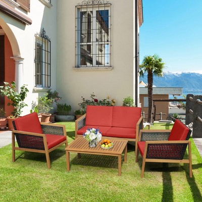 Costway 4PCS Patio Rattan Furniture Set Acacia Wood Cushioned Sofa Off