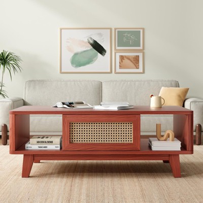Kumasinova Modern 43.7" Square Coffee Table with Rattan Drawer,Wood Center Table with Storage Shelf,Mid-Century End Table for Living Room,Lounge