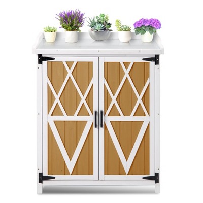 Potting Bench Outdoor Cabinet with Metal Tabletop, Workbenches with Adjustable Shelf, Wooden Storage Cabinets Waterproof for Garden Patio Lawn
