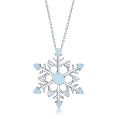 Bella Silver Sterling Silver White Opal & CZ Christmas Snowflake 18" Pendant Necklace - White