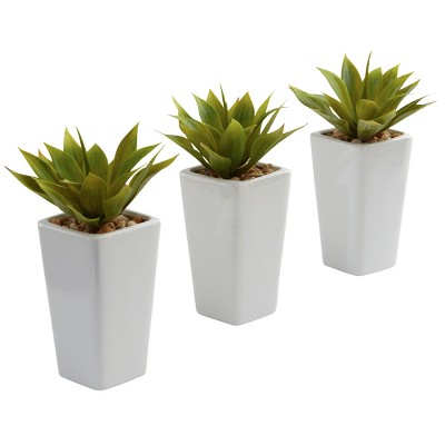 Nearly Natural Mini Agave with Planter (Set of 3) White