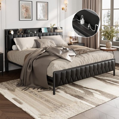 King Size Bed Frame with PU Faux Leather, Button Headboard with Charging Station, All-Metal Full Platform Bed Frame with Storage, Black