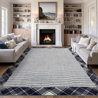 Area Rugs for Living Room, Border Plaid Rug Non Slip Soft Low Pile Farmhouse Solid Modern Neutral Rugs for Bedroom, Large Carpet