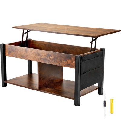 VEVOR Lift Top Coffee Table, 41.7 in Rectangle Coffee Table with Extra Storage Pockets, Pop Up Coffee Table for Living Room, Brown