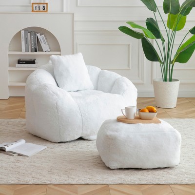 Airsurfer Giant Bean Bag Chair with Footstool, Stuffed Faux Fur Shell Design, Oversized Floor Sofa for Adults & Kids