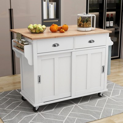 Bella Depot 52.2'' Kitchen Island Cart with Rubber wood Drop-Leaf Countertop  on 4 Wheels