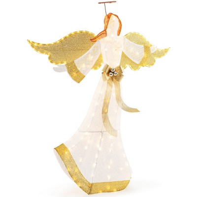 Tangkula 5.2 FT Outdoor Christmas Lighted Angel Xmas Pre-lit 3D Winged Angel with Halo Wings & 180 Warm White LED Lights Bow & Ground Stakes