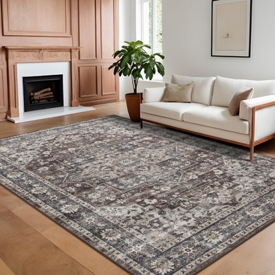 Vintage Area Rugs for Living Room Bedroom Washable Low Pile Non Slip Foldable Carpet Indoor Soft Retro Printed Distressed Rug