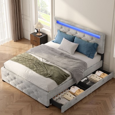 VASIP Queen Upholstered Platform Bed with Storage Drawers & LED Lights - 4 Built-in Drawers, No Box Spring Needed, Space-Saving Design (Gray)