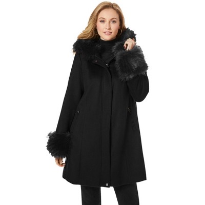 Jessica London Hooded Faux Fur Trim Coat