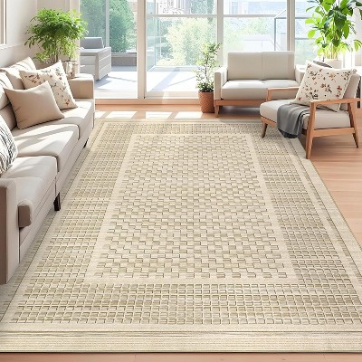 Washable Checkered Waffle Print Rug Non Slip Low Pile Rug Soft Contemporary Throw Floor Cover Foldable Indoor Carpet for Living Room Bedroom Playroom