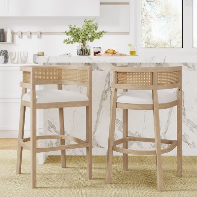 Christopher Knight Home Marie Contemporary Rubberwood Upholstered Bar Stools with Curved Rattan Back (Set of 2)