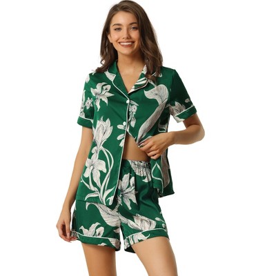 cheibear Women's Summer Short Sleeves Button Down Shirt with Shorts Pajamas Sets