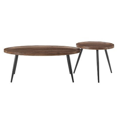 2pc Paxton Round and Oval Mid-Century Coffee Table Set Walnut - Danya B.: Scandinavian Style, MDF & Metal