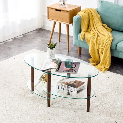 Glass Coffee Table, Side Tables Living Room With Oak Table Legs, 3-Tier Layered Glass Structure, Smooth Edges Modern Oval Side Center Tables