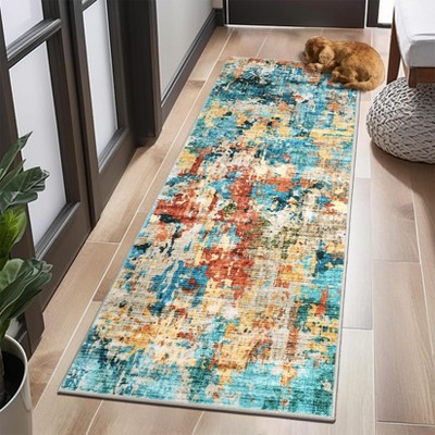 Washable Area Rug, Soft Colorful Modern Abstract Rug for Bedroom, Living Room, Dining Room & Office, Low Pile Non-Slip Boho Design (Multi)