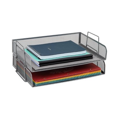 Mind Reader Stackable Paper Tray, Desktop Organizer, File Storage, Office, Metal Mesh, 14"L x 9.75"W x 6"H, 2pc., Silver