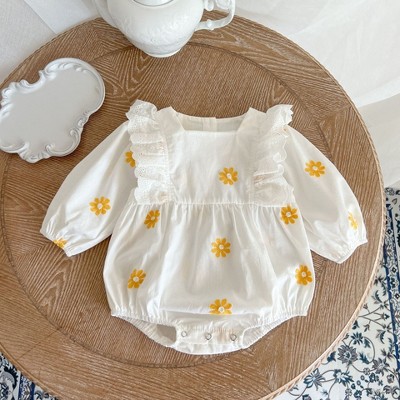 MyKids-USA Baby Floral Embroidered Pattern Ruffle Design Square Collar Onesie