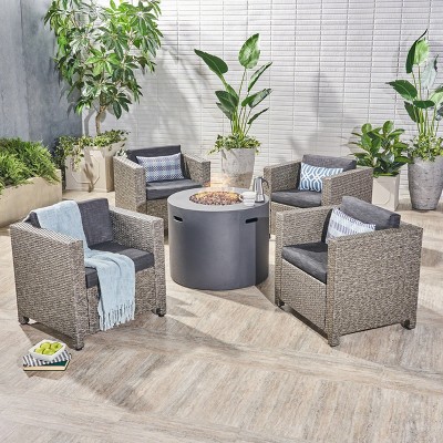 Christopher Knight Home Overton Outdoor Wicker 5 Piece Club Chair and Fire Pit Set with Cushions