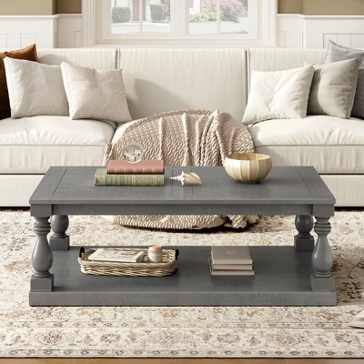 Damerin Vintage Pine Accent Coffee Tables With Vase Column Legs-Gray