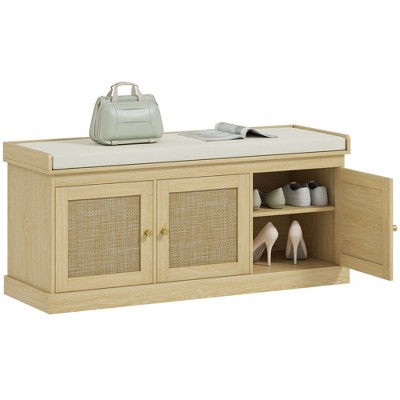 HOMCOM Shoe Storage Bench with Woven Rattan, Shoe Bench with Cushion, Adjustable Shelves, Entryway Bench for Bedroom, Living Room, Oak Tone
