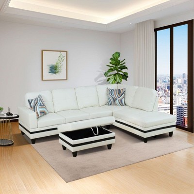 Modern PU Leather Sectional Sofa - Spacious L-Shape, Plush Cushions, Storage Ottoman, Contemporary Living Room Furniture