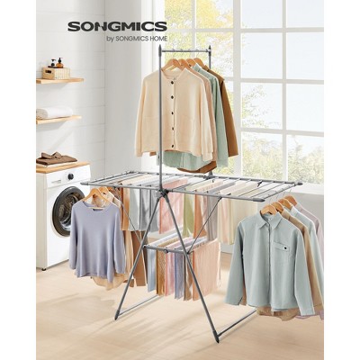 SONGMICS Clothes Drying Rack, Foldable 2-Level Laundry Drying Rack, Free-Standing Airer, 1 Additional Tall Hanging Bar,2 Height-Adjustable Wings,Gray