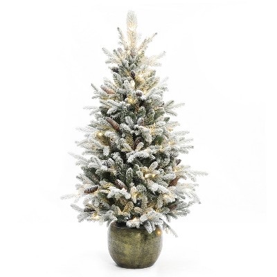 LuxenHome 4.5Ft Pre-Lit Artificial Flocked Pine Tree, Lighted Porch Tree with Pinecones and Rustic Gold Pot Off-White