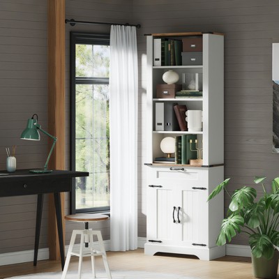 4-Tier Bookshelf with Storage Cabinet, Barn Door and Drawer, 72 Inch Tall Adjustable Freestanding Bookcase for Office and Home