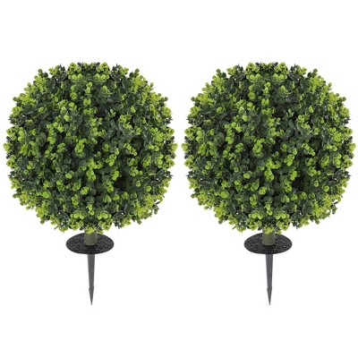 HOMCOM 2 Pack 1.3ft Artificial Eucalyptus Topiary Ball with Ground Stake,  Indoor Outdoor Faux Greenery, Faux Plants for Garden, Porch