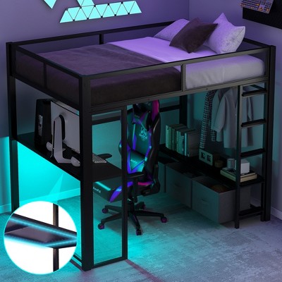 Full Size Metal Gaming Loft Bed with Desk, Open Wardrobe and 3 Linen Storage Drawers