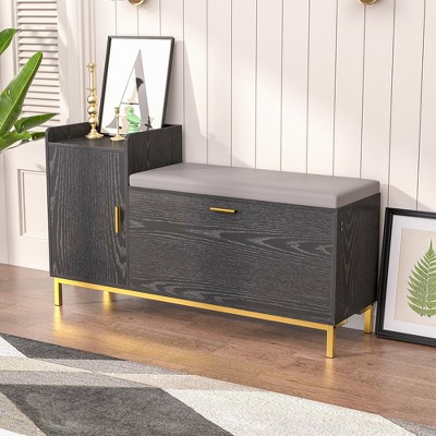 VECELO Storage Bench, 2-Tier Flip Drawers for Entryway Shoe Rack Organizer, Removable Seat Cushion