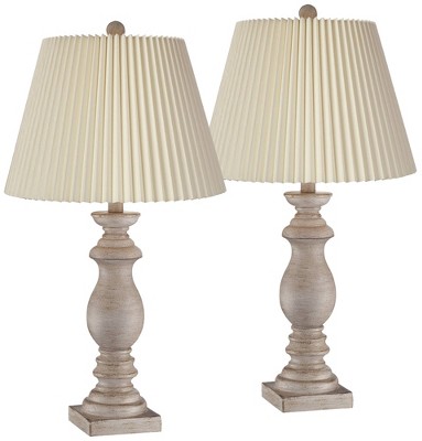 Regency Hill Rustic Farmhouse Table Lamps 26 1/2" High Set of 2 White-Washed Faux Wood Ivory Linen Pleat Shade for Bedroom Living Room